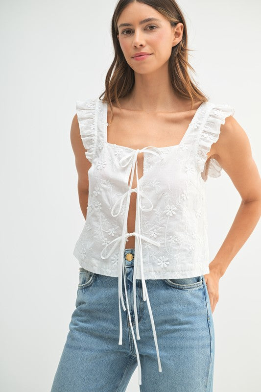 Floral Textured Front Tie Top