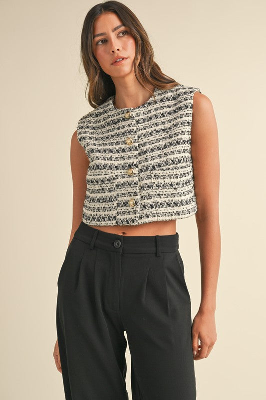 Front Pocket Tweed Crop Vest